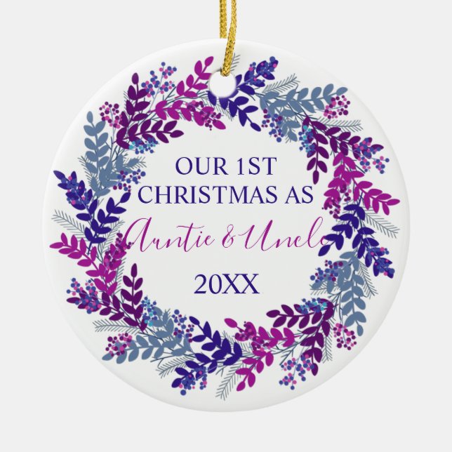 Our First Christmas as Auntie and Uncle Purple Ceramic Tree Decoration (Front)