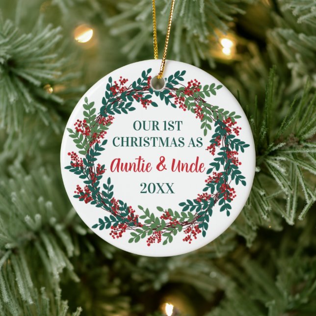 Our First Christmas as Auntie and Uncle Wreath Ceramic Tree Decoration (Tree)