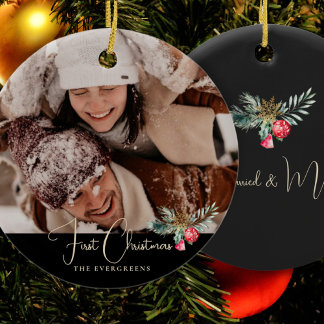 Our First Christmas As Couple Black Watercolor Ceramic Tree Decoration