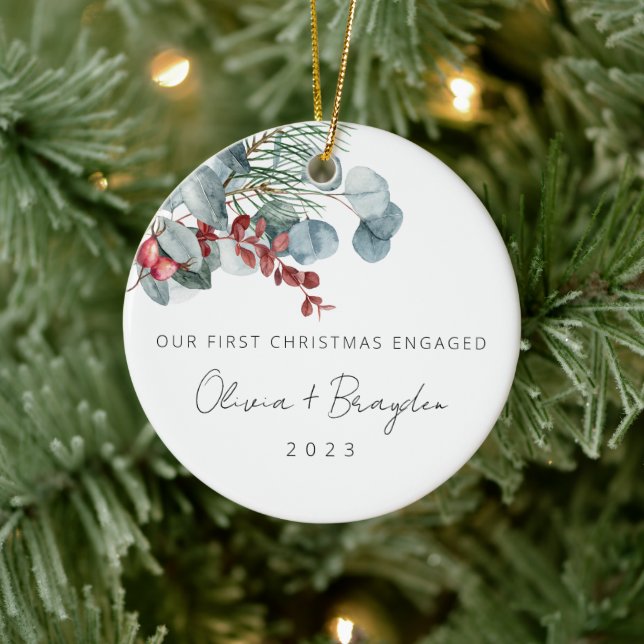 Our First Christmas As Engaged Eucalyptus Ceramic Tree Decoration (Tree)