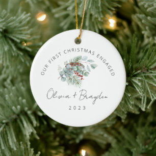 Our First Christmas As Engaged Eucalyptus Photo Ceramic Tree Decoration