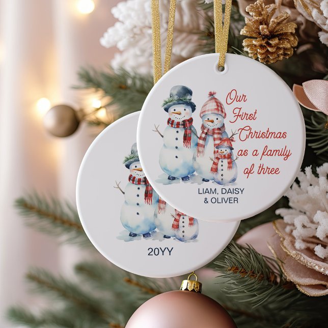 Our First Christmas as Family of Three Snowman Ceramic Tree Decoration (First Christmas as Family of 3 - Snowman family ornament)