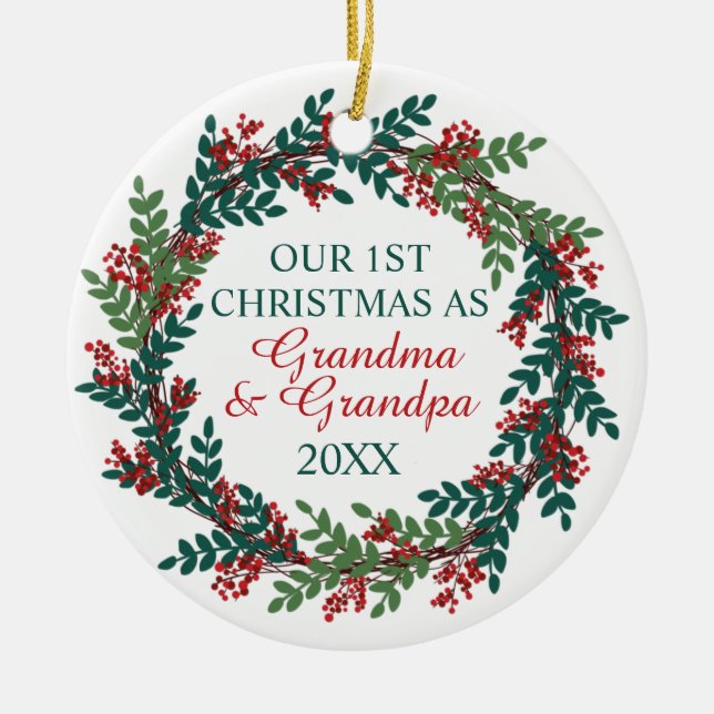 Our First Christmas as Grandma and Grandpa Wreath Ceramic Tree Decoration (Front)