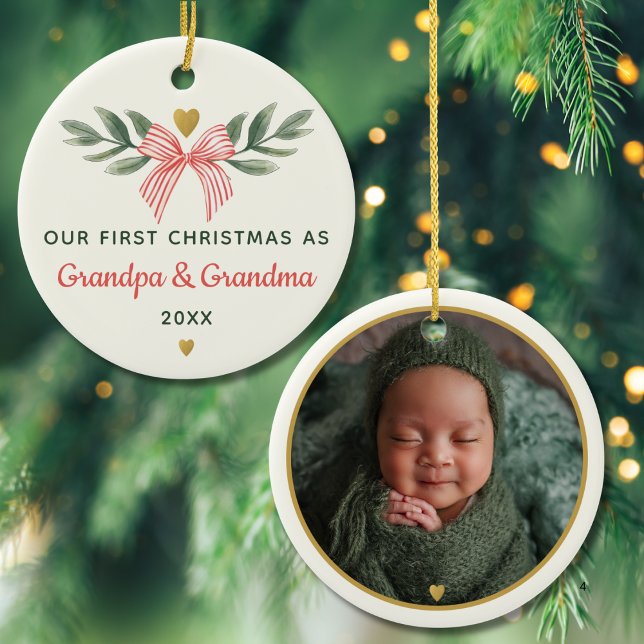 Our First Christmas As Grandma Grandpa Baby Photo Ceramic Tree Decoration (Creator Uploaded)