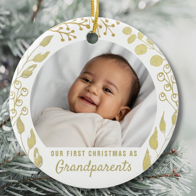 Our First Christmas As Grandpar Photo Gold Foliage Ceramic Tree Decoration (Creator Uploaded)