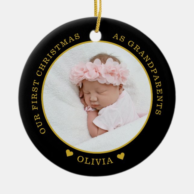 Our First Christmas As Grandparents 2 Photo Ceramic Tree Decoration (Front)