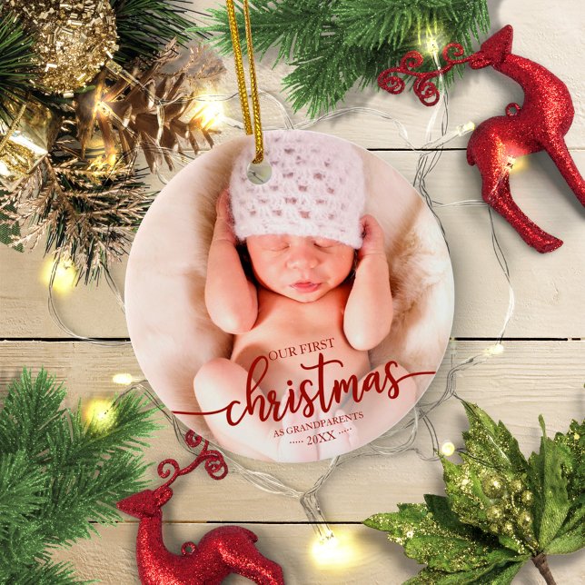 Our First Christmas As Grandparents Elegant Photo Ceramic Tree Decoration (Creator Uploaded)