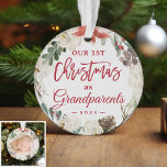 Our First Christmas as Grandparents Floral Photo Ornament<br><div class="desc">***** Don't forget to upload your favourite photo on the back. If you don't need the photo placement, you can remove it using design tool ***** Celebrate your First Christmas as Grandparents with this Poinsettia Floral Wreath Photo Ornament. Adding a favourite photo and text to this graceful design for a...</div>