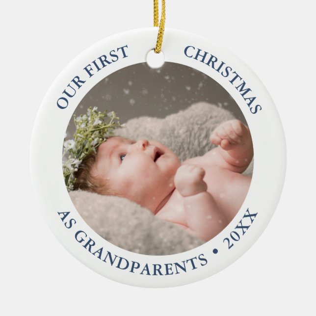Our First Christmas as Grandparents Modern Photo Ceramic Tree Decoration (Front)