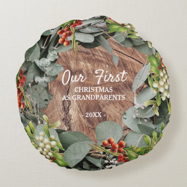 Our First Christmas as Grandparents Photo Round Cushion (Back)