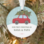 Our First Christmas as Grandparents Red Car Tree Ornament<br><div class="desc">Celebrate First Christmas as Grandparents with this red car carrying a Christmas tree ornament. Enjoy this one of a kind design for a festive accent to your Christmas tree. It's easy to personalise to be uniquely yours.</div>