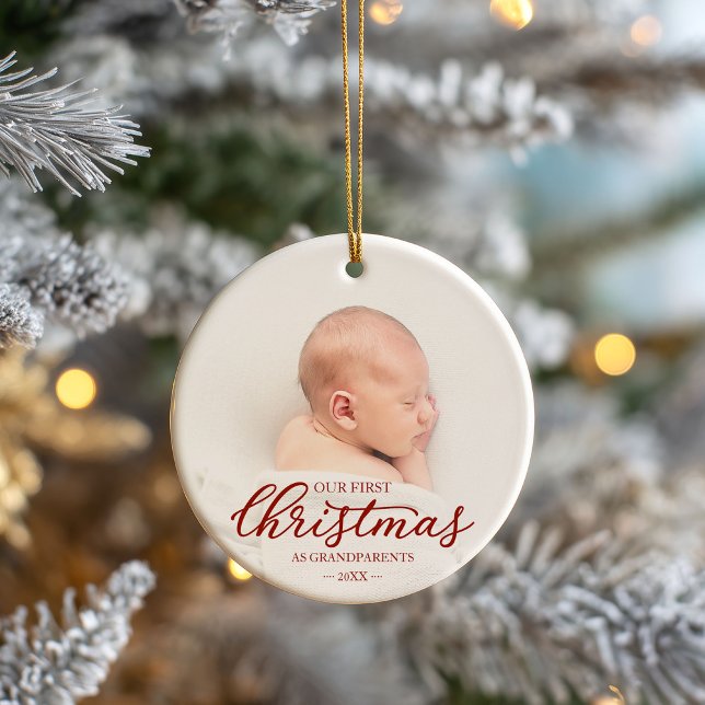 Our First Christmas As Grandparents Red Script Ceramic Tree Decoration (Creator Uploaded)