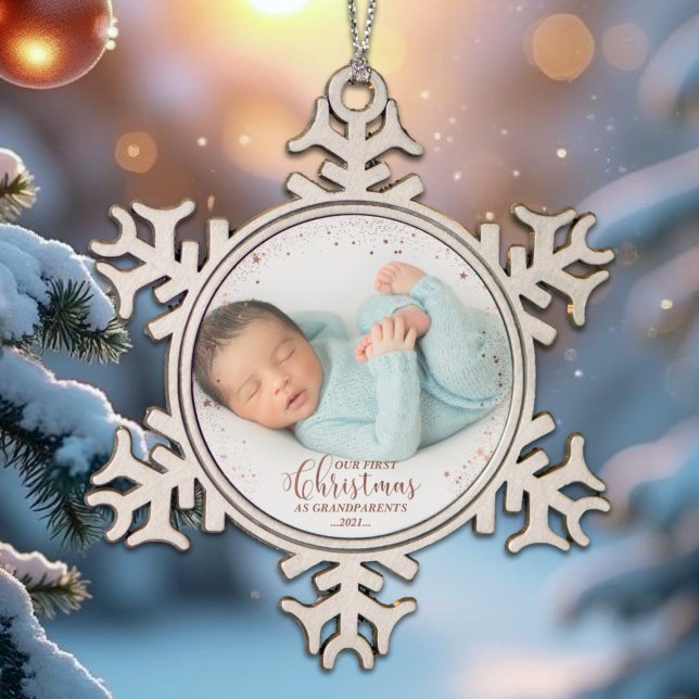 Our First Christmas As Grandparents Rose Photo Snowflake Pewter Christmas Ornament (Creator Uploaded)