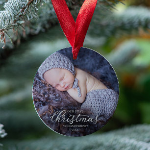 Our First Christmas As Grandparents Silver Foil Ornament