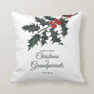 Our First Christmas as Grandparents Vintage Holly Cushion