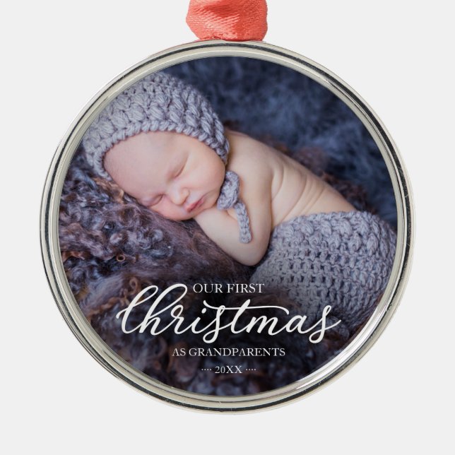 Our First Christmas As Grandparents White Script Metal Tree Decoration (Front)