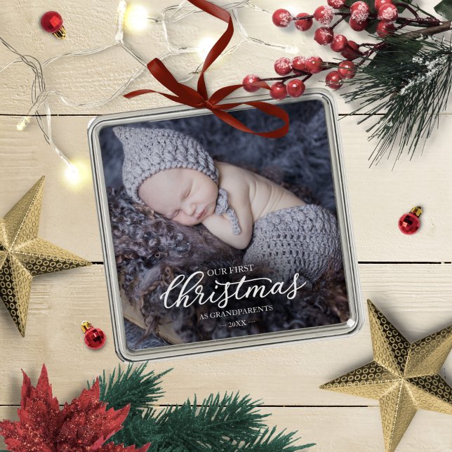 Our First Christmas As Grandparents White Script  Metal Tree Decoration (Creator Uploaded)