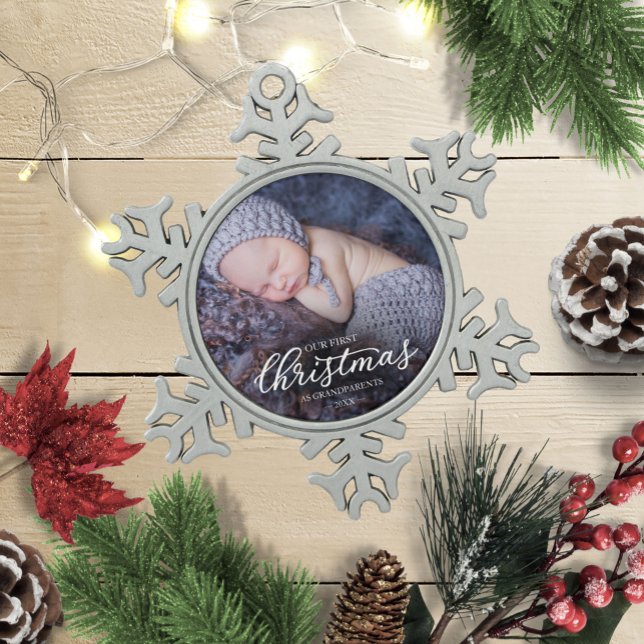Our First Christmas As Grandparents White Script Snowflake Pewter Christmas Ornament (Creator Uploaded)