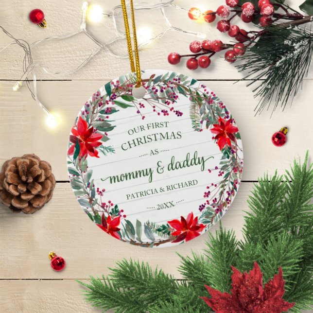 Our First Christmas as Mommy & Daddy Rustic Wreath Ceramic Tree Decoration (Creator Uploaded)