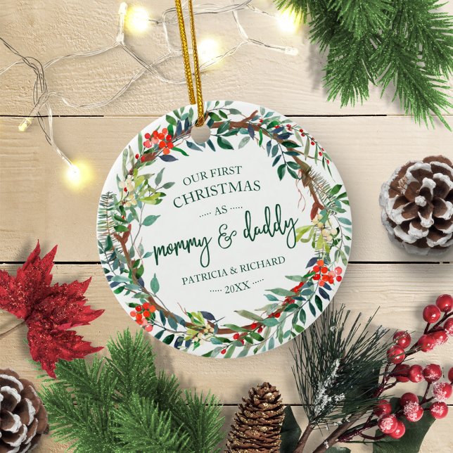 Our First Christmas as Mommy & Daddy Rustic Wreath Ceramic Tree Decoration (Creator Uploaded)
