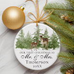 Our First Christmas As Mr And Mrs Custom Rustic Ornament<br><div class="desc">Celebrate a momentous occasion with our "Our First Christmas As Mr. and Mrs." Custom Rustic Ornament. This personalised Christmas ornament is the perfect gift for a newlywed couple, allowing them to cherish their first Christmas together as husband and wife. Adorned with a charming deer and forest and nature-themed design, this...</div>