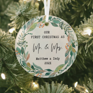 Our First Christmas as Mr. and Mrs. Floral Glass Tree Decoration