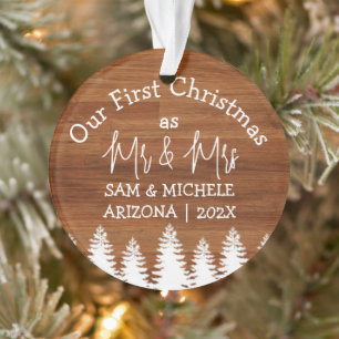 Our first Christmas as Mr. and Mrs. newlywed wood  Ornament