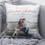 Our First Christmas as Mr and Mrs Photo Cushion<br><div class="desc">This customisable holiday pillow features "our first Christmas as mr and mrs" typography with pretty red script. The couple's names and year are included,  along with a personalised photo! A beautiful holiday gift for a newly married couple! Shop this store for coordinating ornaments,  and additional colour options!</div>