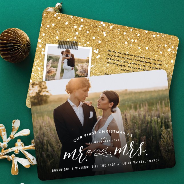 Our First Christmas As Mr And Mrs Photo Wedding Holiday Card (Our First Christmas As Mr And Mrs Modern Typography - Holiday Wedding Photo Card by fat*fa*tin)