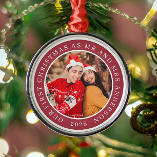 Our First Christmas as Mr and Mrs Red Couple Photo Metal Tree Decoration