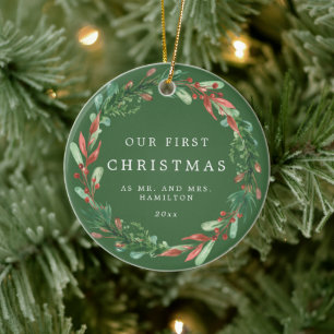 Our First Christmas as Mr and Mrs Wreath Ceramic O Tree Decoration
