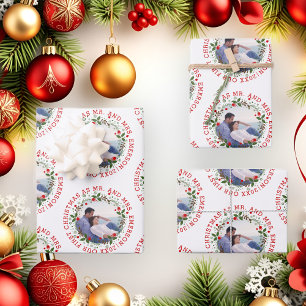 Our first Christmas as Mr and Mrs wreath photo Wrapping Paper Sheet