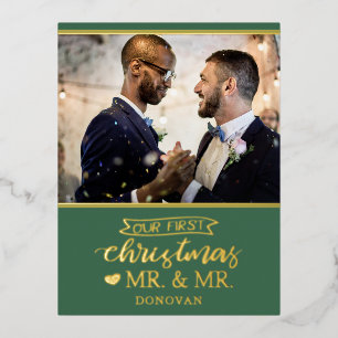 Our first Christmas as mr & mr newlyweds gold Foil Foil Holiday Postcard