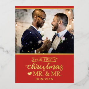 Our first Christmas as mr & mr newlyweds gold Foil Holiday Postcard