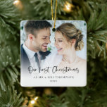 Our First Christmas As Mr Mrs 2 Photos Script Ceramic Ornament<br><div class="desc">Our First Christmas As Mr and Mrs 2 Photos Script Name and Year. Great keepsake for newlyweds and lovely gift idea too! A playful set script for Our First Christmas and easy to personalise with your name and the year and replace the sample photos on each side with your own...</div>