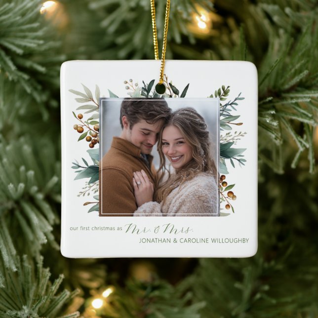 Our First Christmas as Mr. & Mrs. Botanical Ceramic Ornament (Tree)