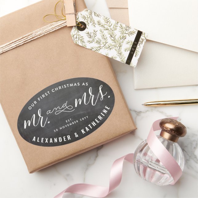 Our First Christmas As Mr & Mrs Chalkboard Wedding Oval Sticker (Gifting)