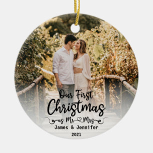 Our First Christmas as Mr & Mrs Custom 2 Photo Ceramic Tree Decoration