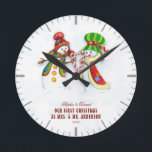 Our First Christmas As Mr. & Mrs.Cute Snowman Round Clock<br><div class="desc">Cute and Romantic design featuring OUR FIRST CHRISTMAS typography,  cute watercolor Snowmans (He & She) on a white background with blue snowflakes. Use Personalize tool to add your info. For more matching items,  please visit my Dreamy Christmas Collection.</div>