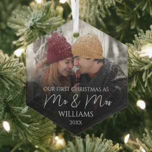 Our First Christmas As Mr & Mrs Elegant Photo Glass Tree Decoration