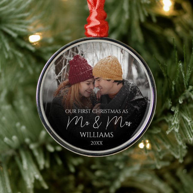 Our First Christmas As Mr & Mrs Elegant Photo Metal Tree Decoration (Tree)