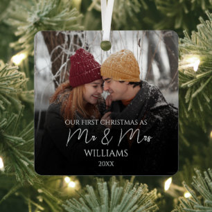 Our First Christmas As Mr & Mrs Elegant Photo Metal Tree Decoration