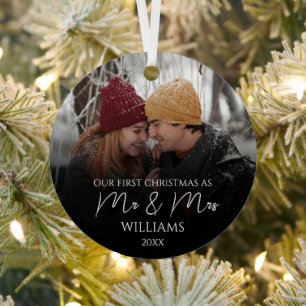Our First Christmas As Mr & Mrs Elegant Photo Metal Tree Decoration