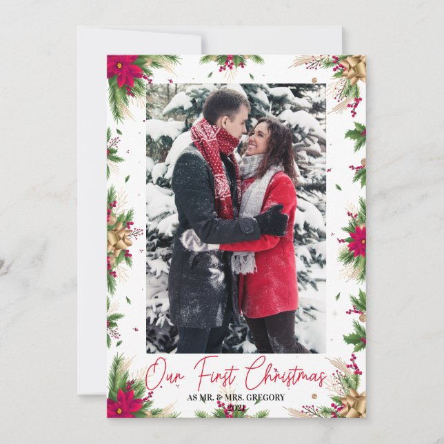 Our First Christmas As Mr & Mrs Floral Photo Frame Holiday Card (Front)