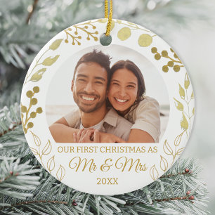 Our First Christmas As Mr & Mrs Gold Foliage Photo Ceramic Tree Decoration