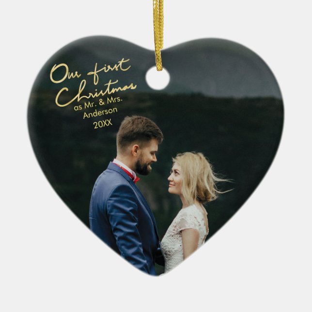 Our First Christmas as Mr & Mrs Heart Keepsake Ceramic Tree Decoration (Front)