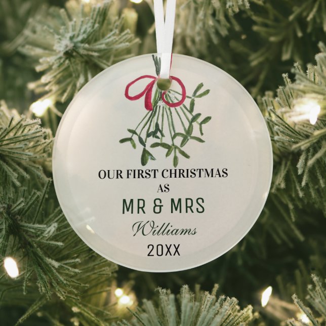 Our First Christmas as MR & MRS Mistletoe Rustic Glass Tree Decoration (Insitu)