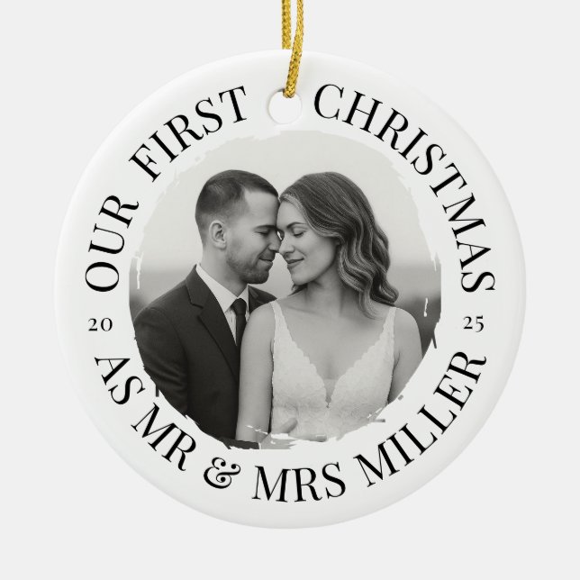 Our First Christmas as Mr & Mrs – Monochrome Ceramic Tree Decoration (Front)