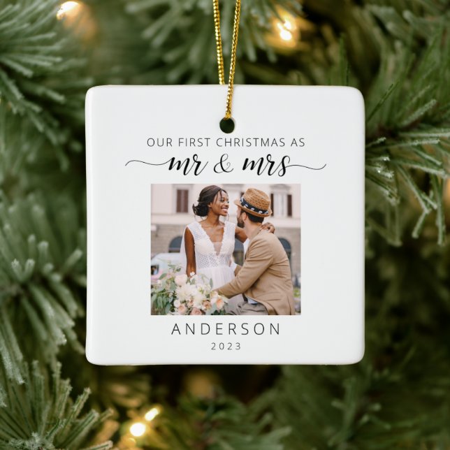 Our First Christmas As Mr & Mrs Photo Minimalist Ceramic Ornament (Tree)