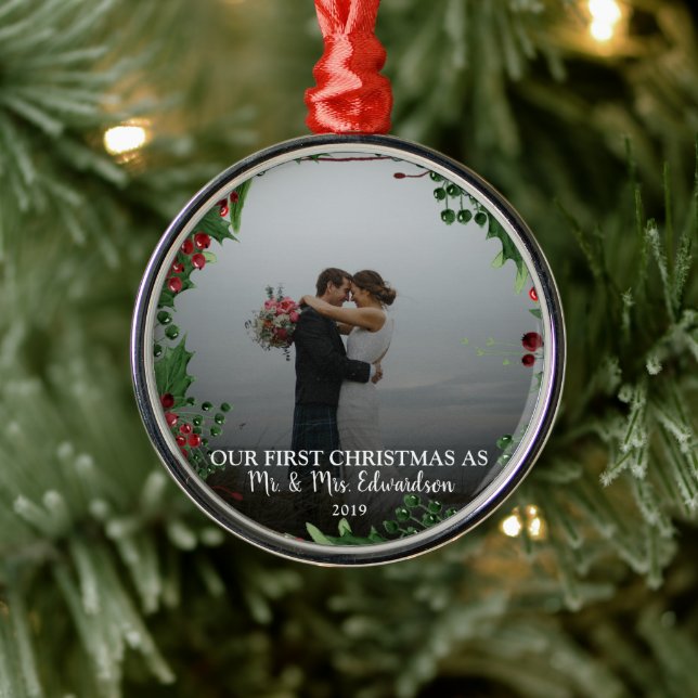 Our First Christmas as Mr & Mrs Photo Name Metal Tree Decoration (Tree)